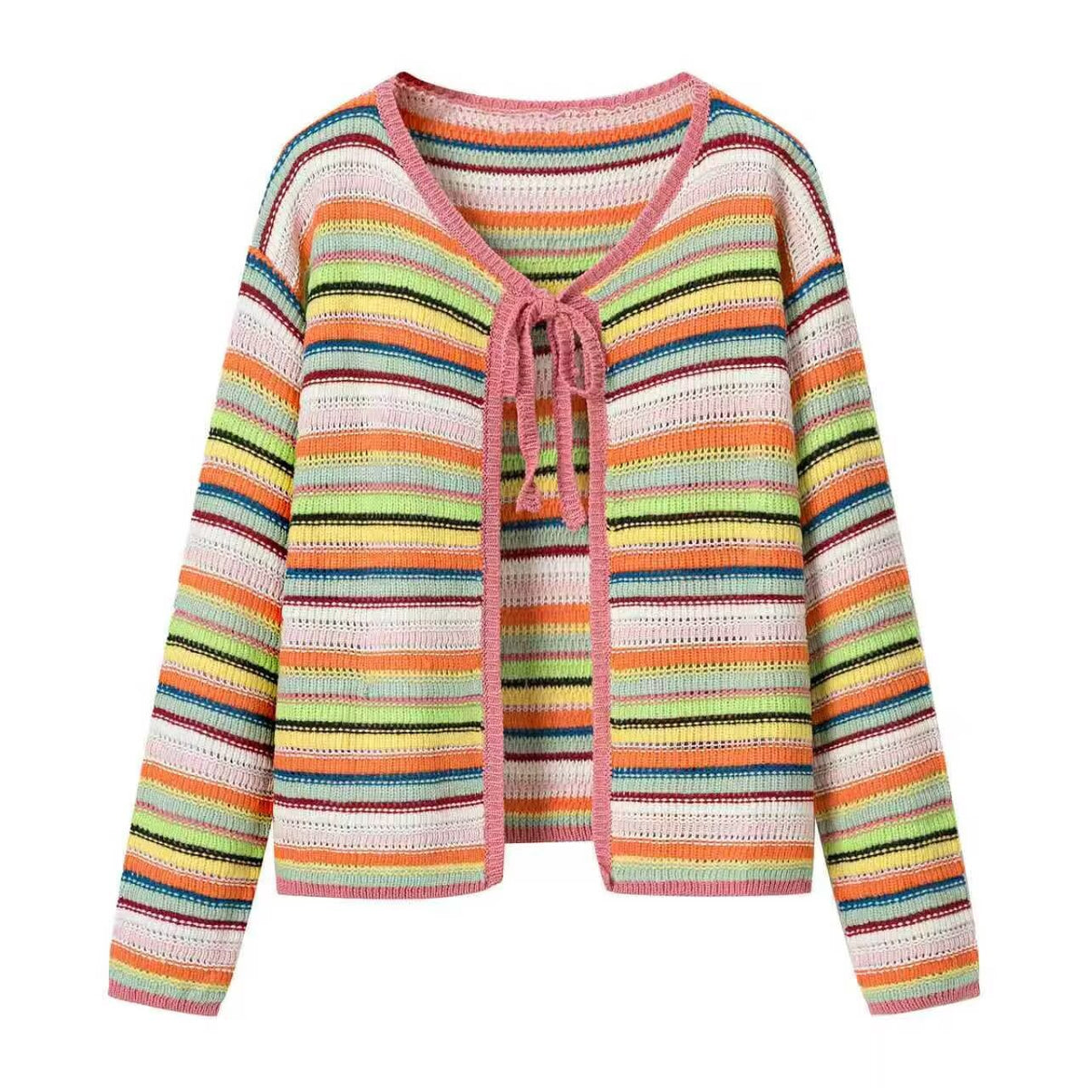 Rainbow striped lace up hollow knit cardigan