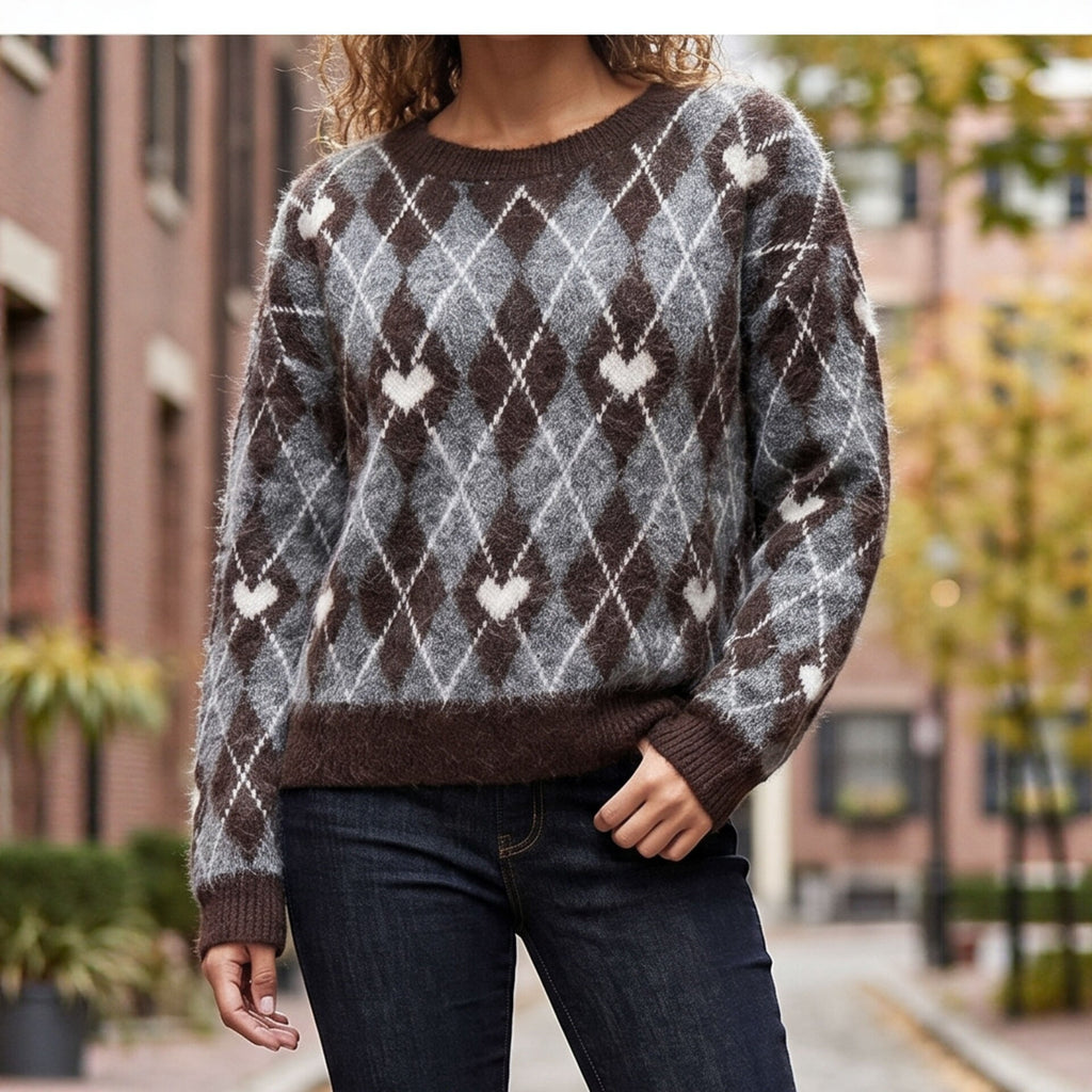 Fall Winter New Heart Diamond Knit Sweater Women Round Neck Loose Knit Pullover Faux Cashmere Lazy Style Versatile