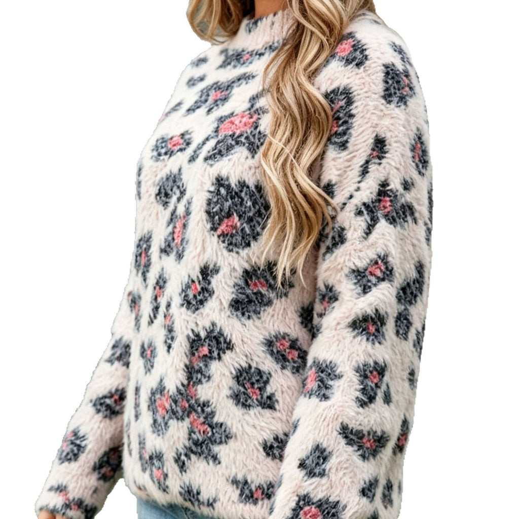 Floral Jacquard Long Sleeve Round Neck Loose Fit Pullover Sweater for Women