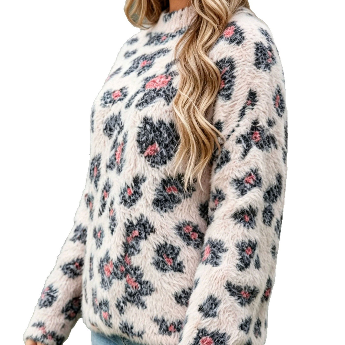 Floral Jacquard Long Sleeve Round Neck Loose Fit Pullover Sweater for Women