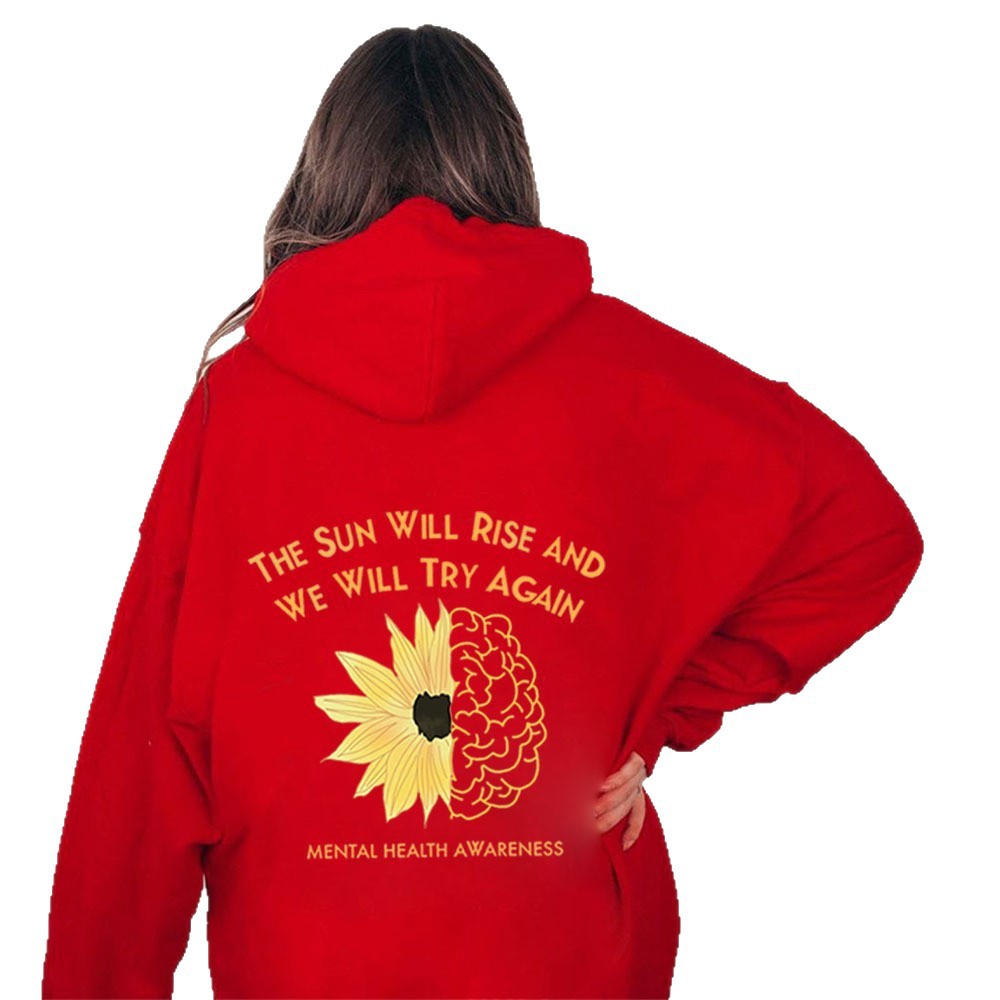 Hoodie with Sunflower Print, Oversized Sleeve, Casual Hooded Sweatshirt