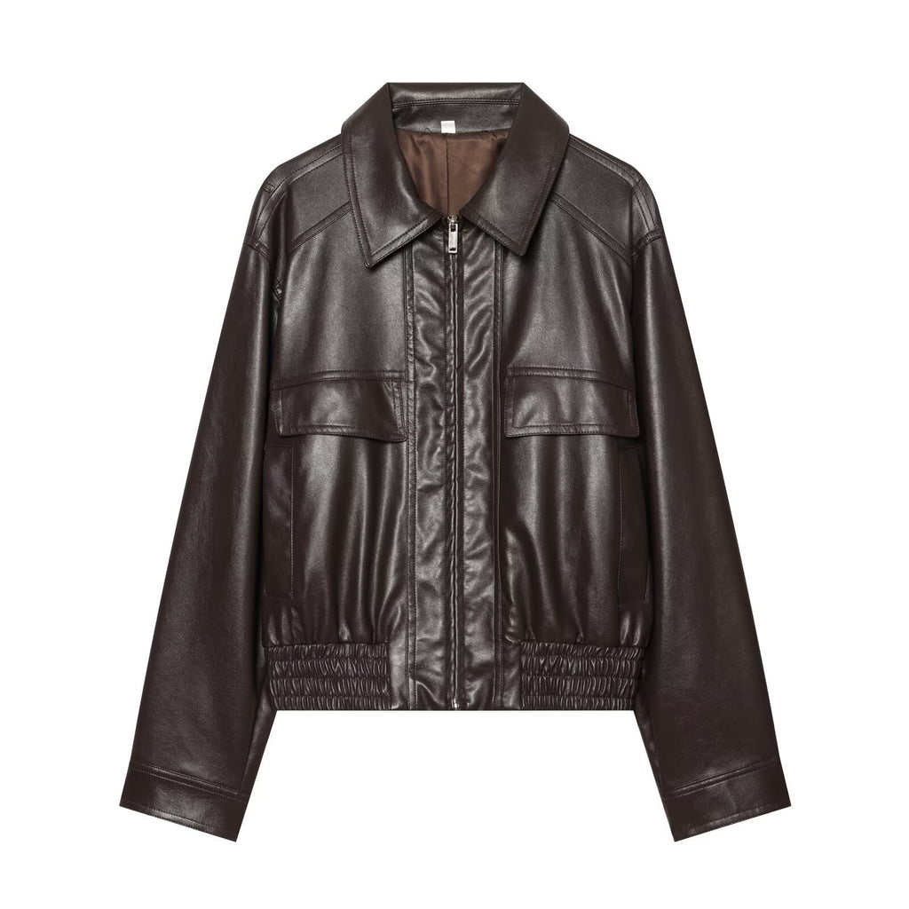 Zipper corridor shaped PU imitation leather jacket for women