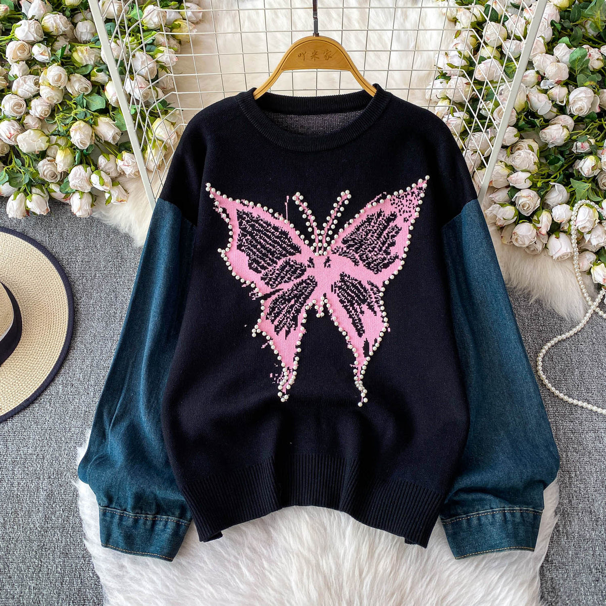 Nail bead butterfly contrasting sweater for women