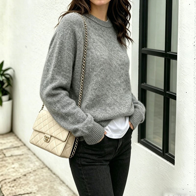 Round Neck Pullover Sweater for Women, Loose Thick Solid Color Knitwear, Versatile Top for Autumn and Winter