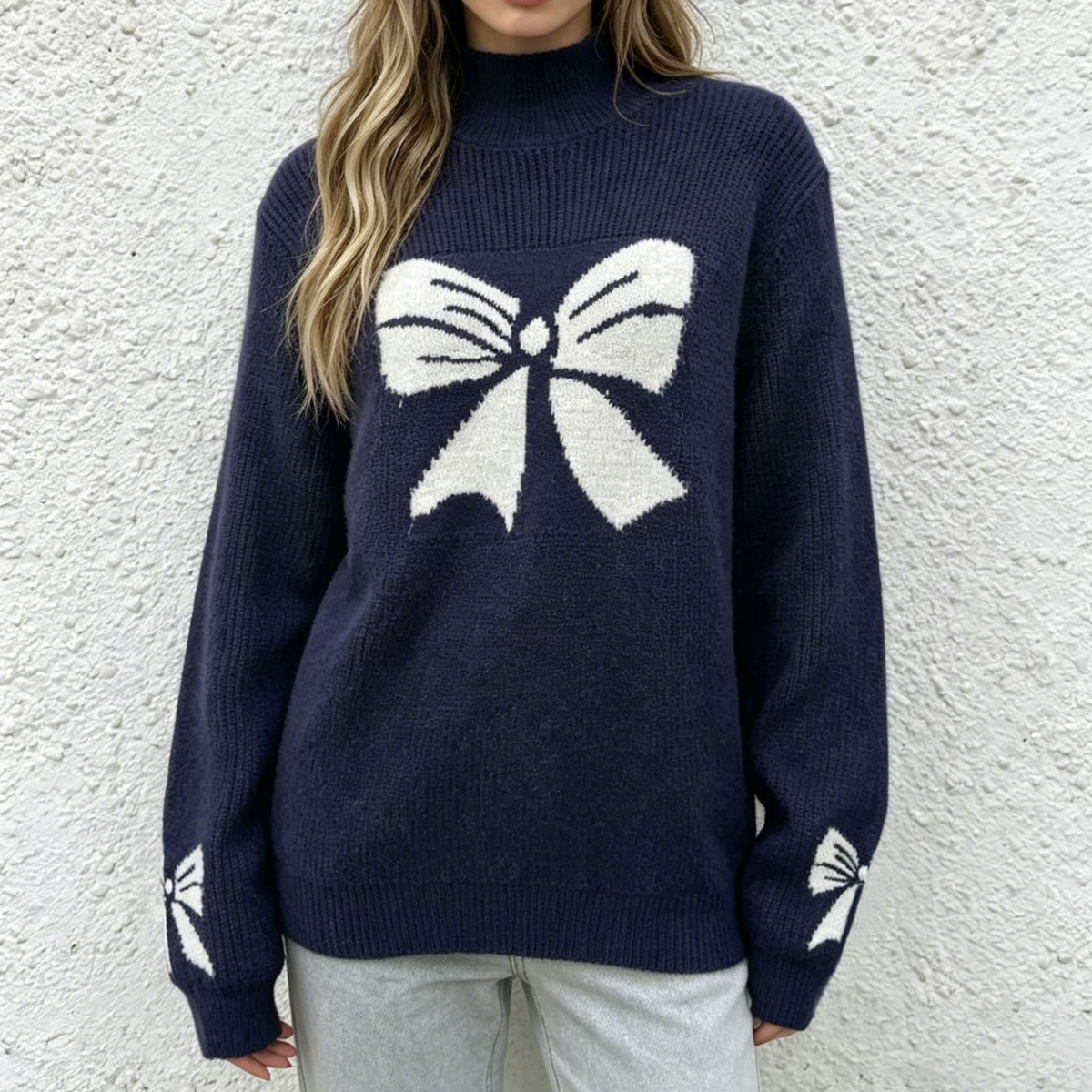 Butterfly Knot Jacquard Semi-High Neck Sweater for Women Autumn Winter Loose Lazy Style Knitwear