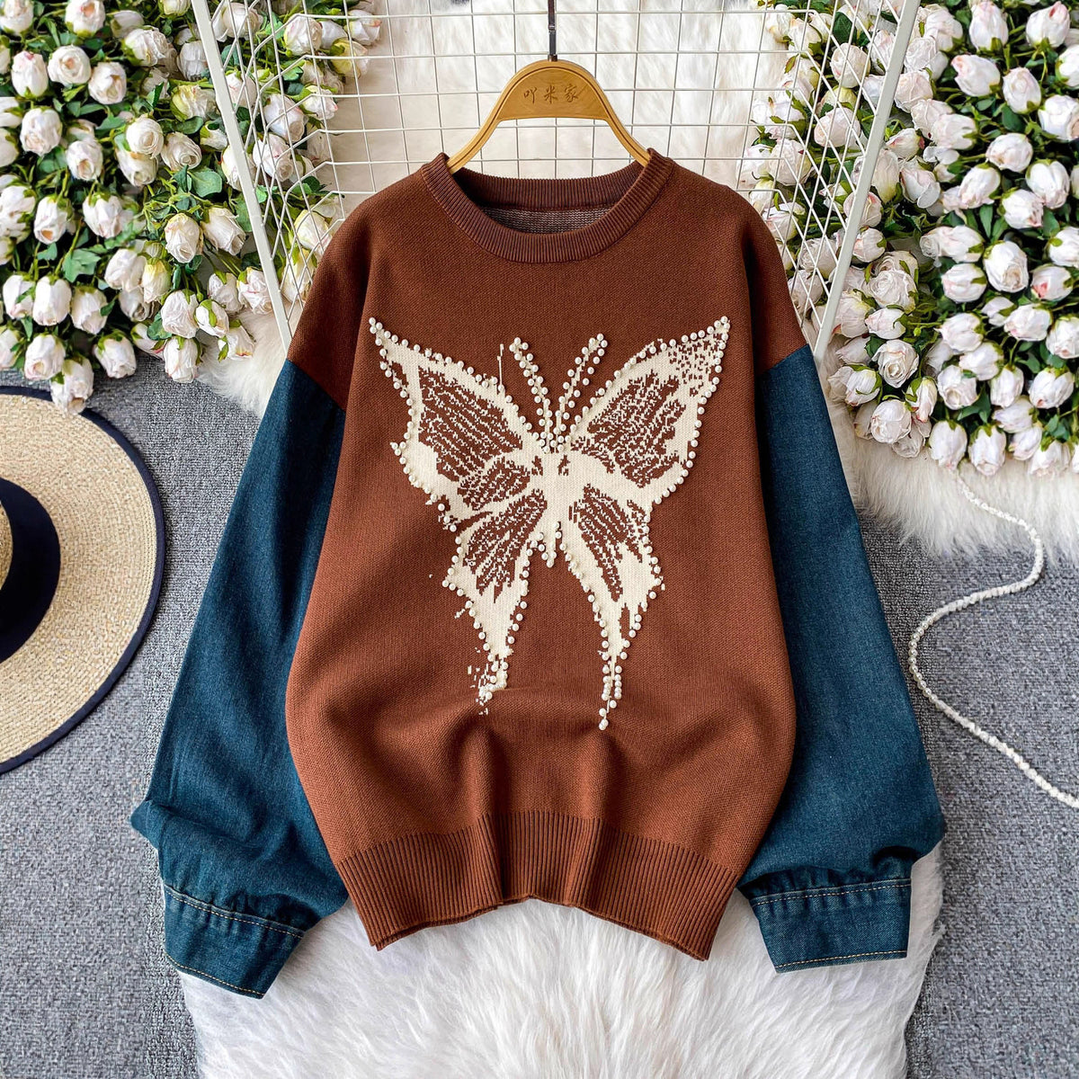Nail bead butterfly contrasting sweater for women