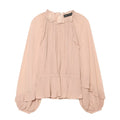 Folded lace up stand up collar lantern sleeve shirt top for women