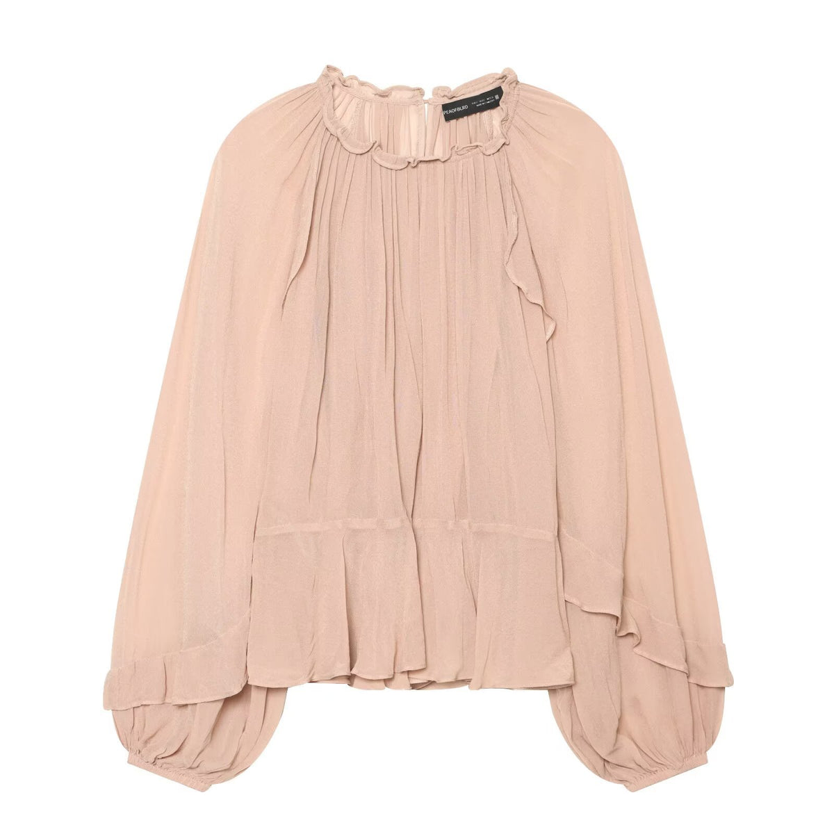 Folded lace up stand up collar lantern sleeve shirt top for women