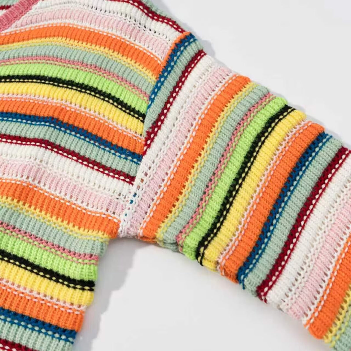 Rainbow striped lace up hollow knit cardigan