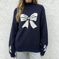Butterfly Knot Jacquard Semi-High Neck Sweater for Women Autumn Winter Loose Lazy Style Knitwear