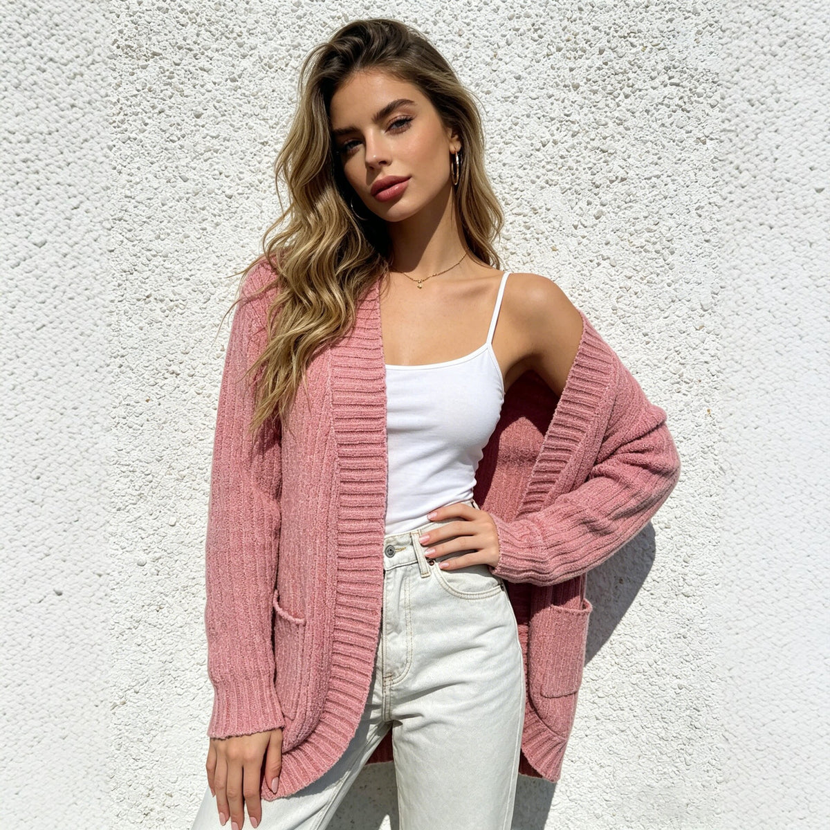 Pink Knit Cardigan for Women, Autumn Winter New Loose Sweater Coat, Long Sleeve V-Neck Outerwear Top