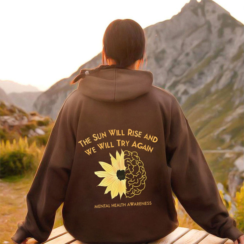 Hoodie with Sunflower Print, Oversized Sleeve, Casual Hooded Sweatshirt