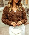 Autumn and Winter New Brown Fringe Knit Cardigan for Women, Short V-Neck Slim Fit Sweater Jacket