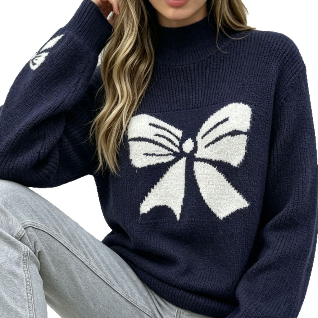 Butterfly Knot Jacquard Semi-High Neck Sweater for Women Autumn Winter Loose Lazy Style Knitwear