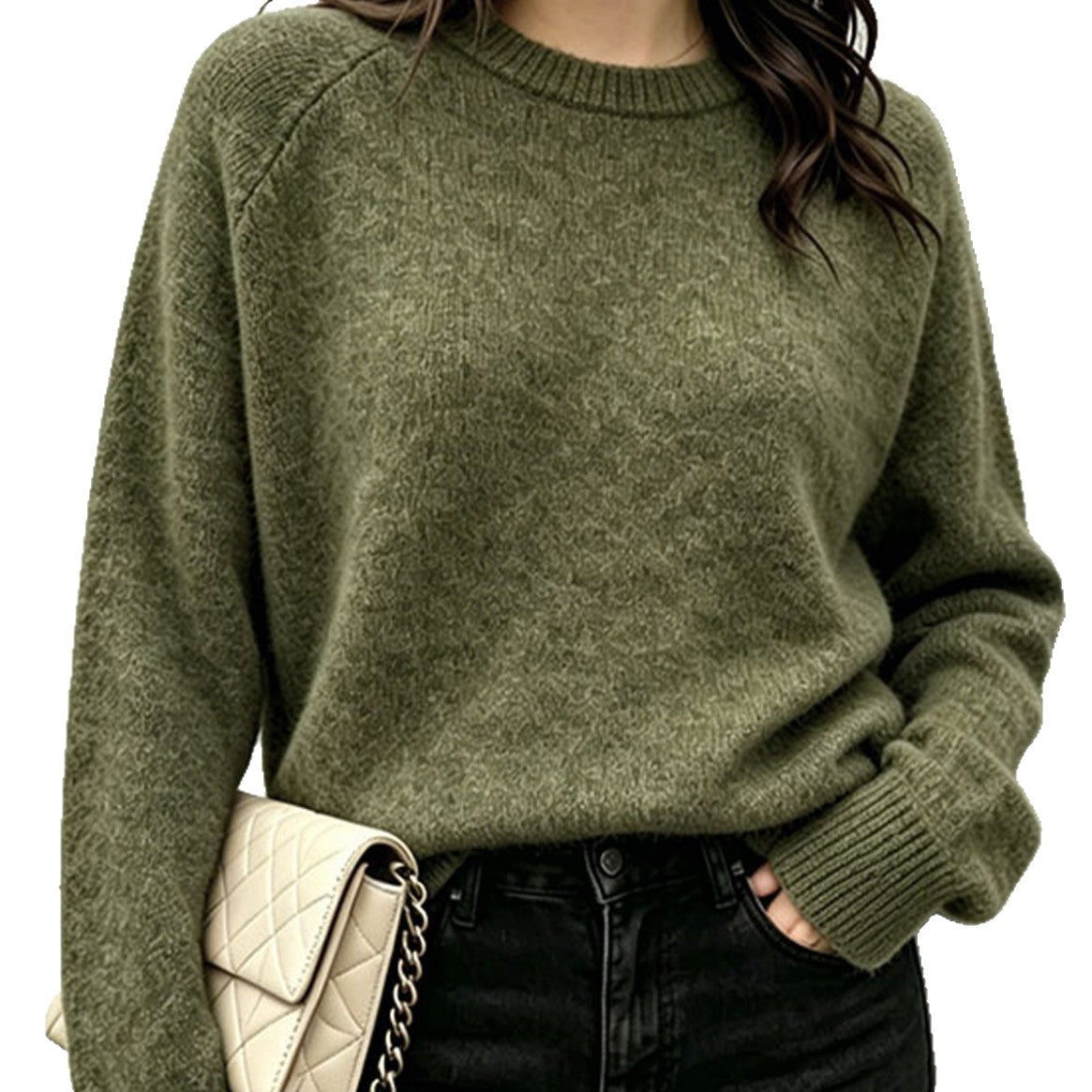 Round Neck Pullover Sweater for Women, Loose Thick Solid Color Knitwear, Versatile Top for Autumn and Winter