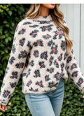 Floral Jacquard Long Sleeve Round Neck Loose Fit Pullover Sweater for Women