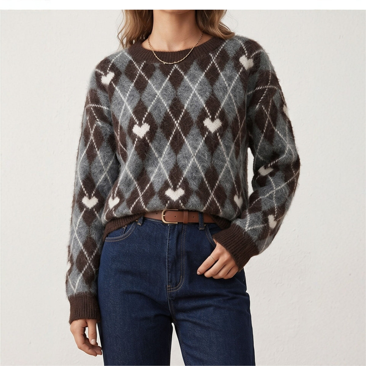 Fall Winter New Heart Diamond Knit Sweater Women Round Neck Loose Knit Pullover Faux Cashmere Lazy Style Versatile