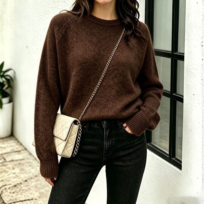 Round Neck Pullover Sweater for Women, Loose Thick Solid Color Knitwear, Versatile Top for Autumn and Winter