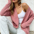 Pink Knit Cardigan for Women, Autumn Winter New Loose Sweater Coat, Long Sleeve V-Neck Outerwear Top