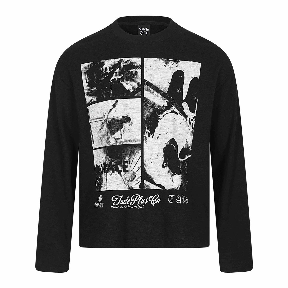 Rock Print Design Long Sleeve Distressed Washed Look Loose Fit T-Shirt