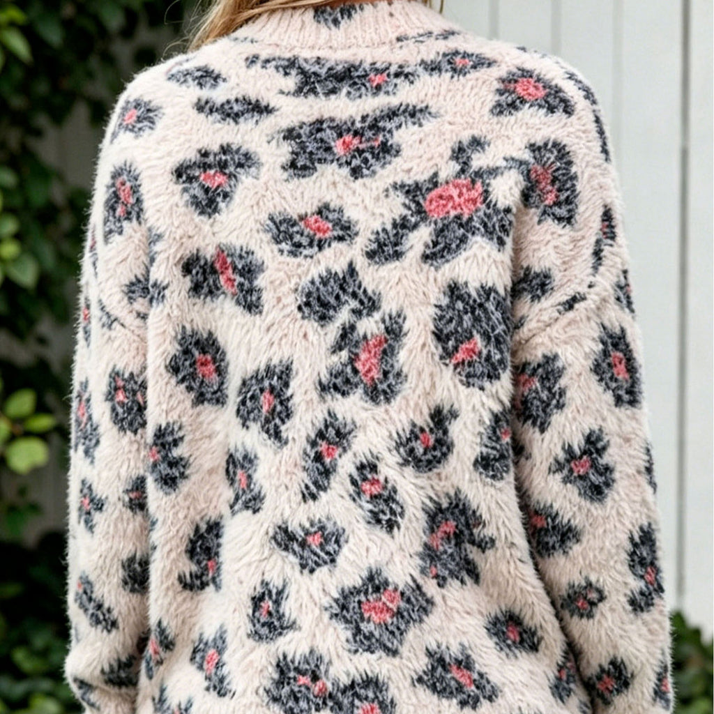 Floral Jacquard Long Sleeve Round Neck Loose Fit Pullover Sweater for Women