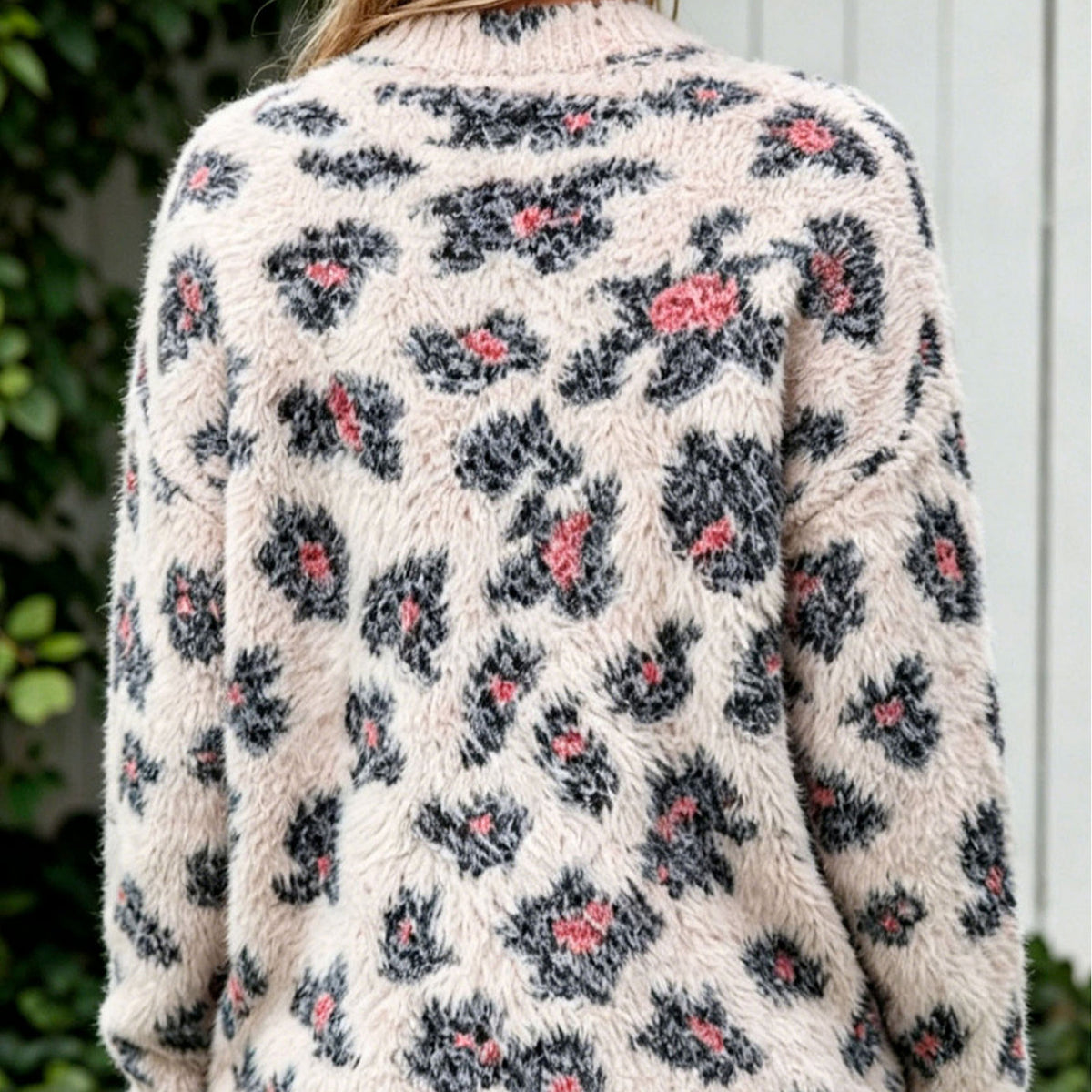 Floral Jacquard Long Sleeve Round Neck Loose Fit Pullover Sweater for Women