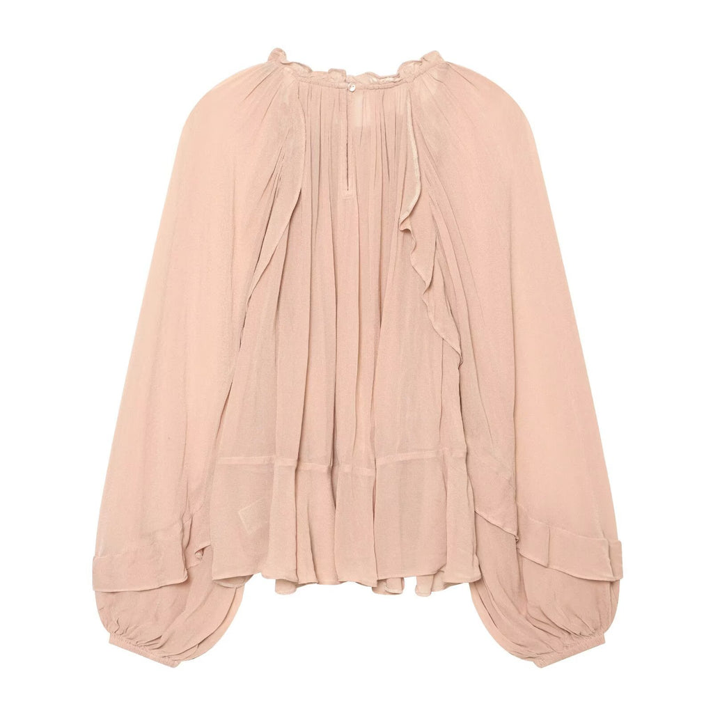 Folded lace up stand up collar lantern sleeve shirt top for women