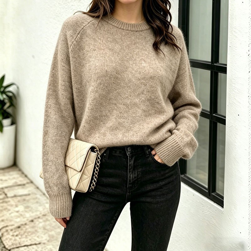Round Neck Pullover Sweater for Women, Loose Thick Solid Color Knitwear, Versatile Top for Autumn and Winter