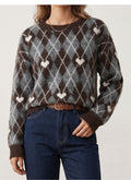 Fall Winter New Heart Diamond Knit Sweater Women Round Neck Loose Knit Pullover Faux Cashmere Lazy Style Versatile