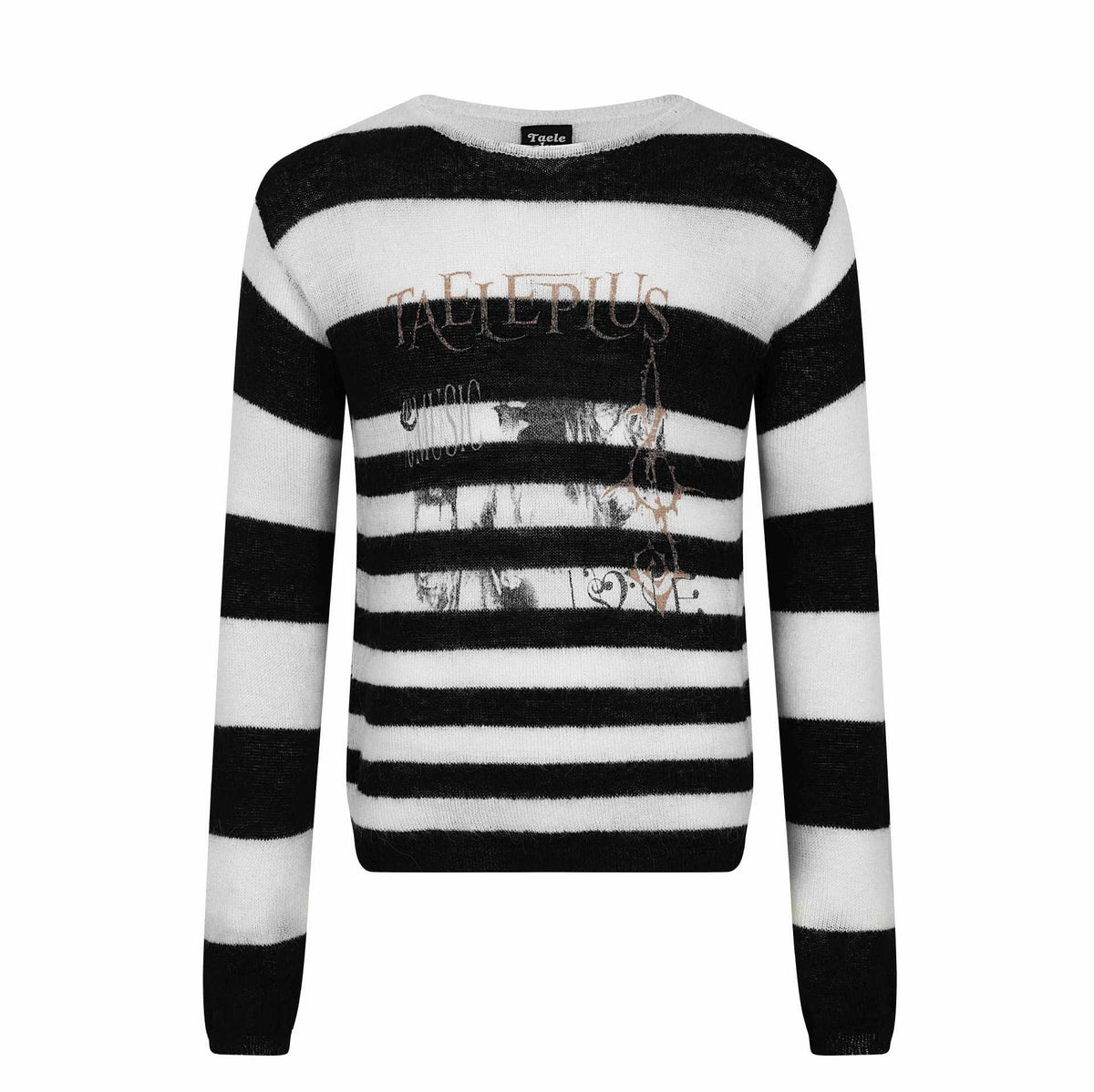 Black and White Stripe Portrait Design Round Neck Pullover Sweater Men