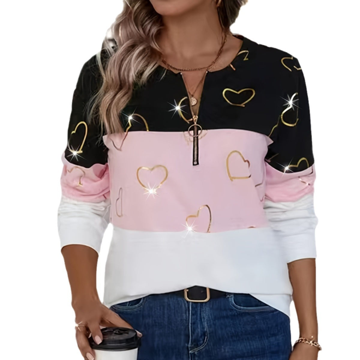 Casual Simple Long Sleeve Half-Zip Hoodie Autumn Winter Women's Top