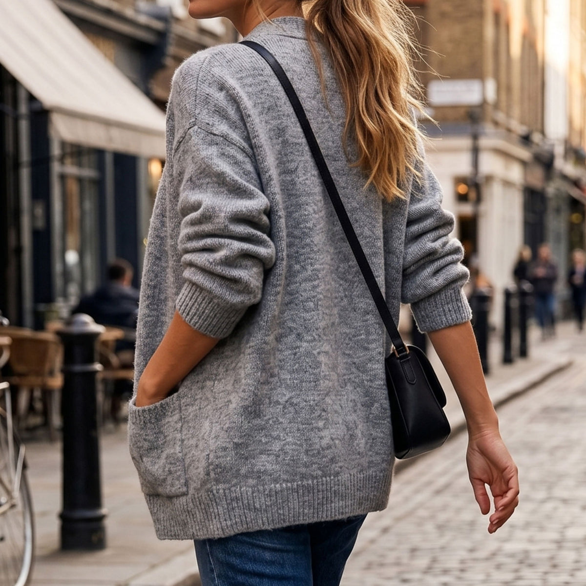 Autumn/Winter New Gray Knit Cardigan for Women, Loose Bohemian Style Long Sleeve Sweater Coat, Solid Color Versatile Top