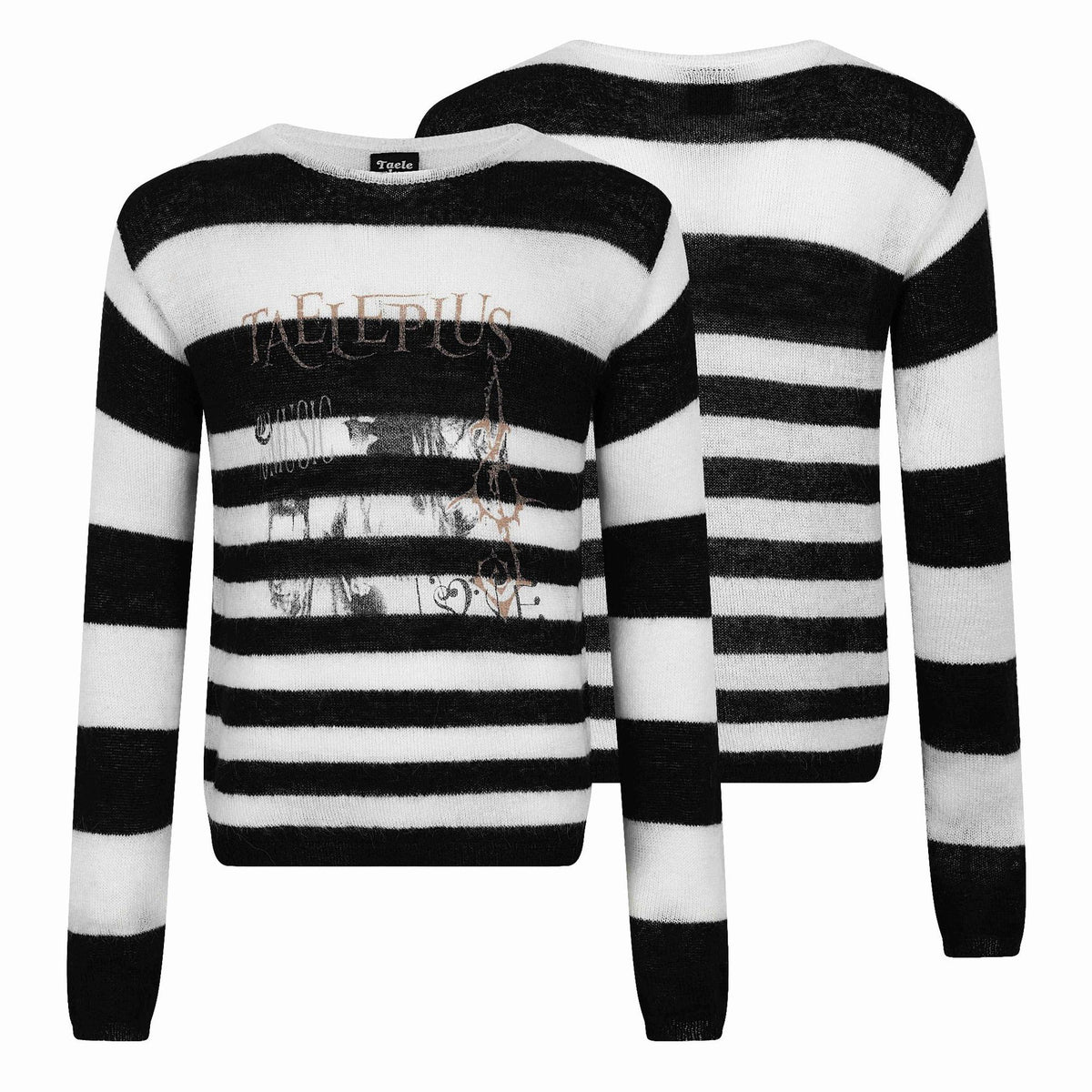 Black and White Stripe Portrait Design Round Neck Pullover Sweater Men