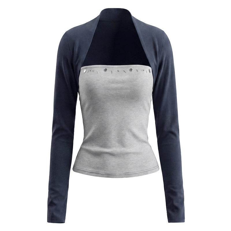 Retro contrasting two-piece long sleeved T-shirt top
