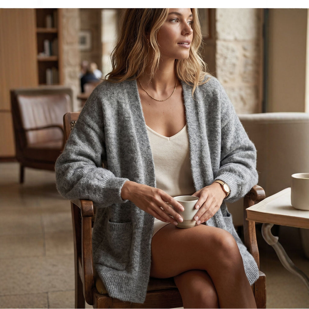 Autumn/Winter New Gray Knit Cardigan for Women, Loose Bohemian Style Long Sleeve Sweater Coat, Solid Color Versatile Top