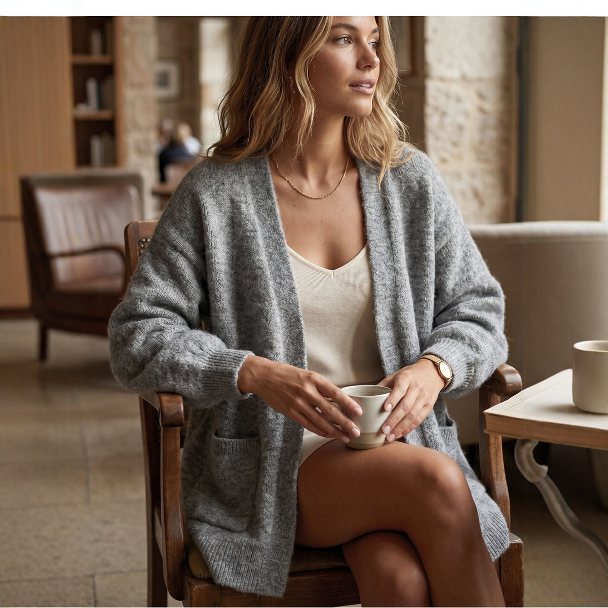 Autumn/Winter New Gray Knit Cardigan for Women, Loose Bohemian Style Long Sleeve Sweater Coat, Solid Color Versatile Top