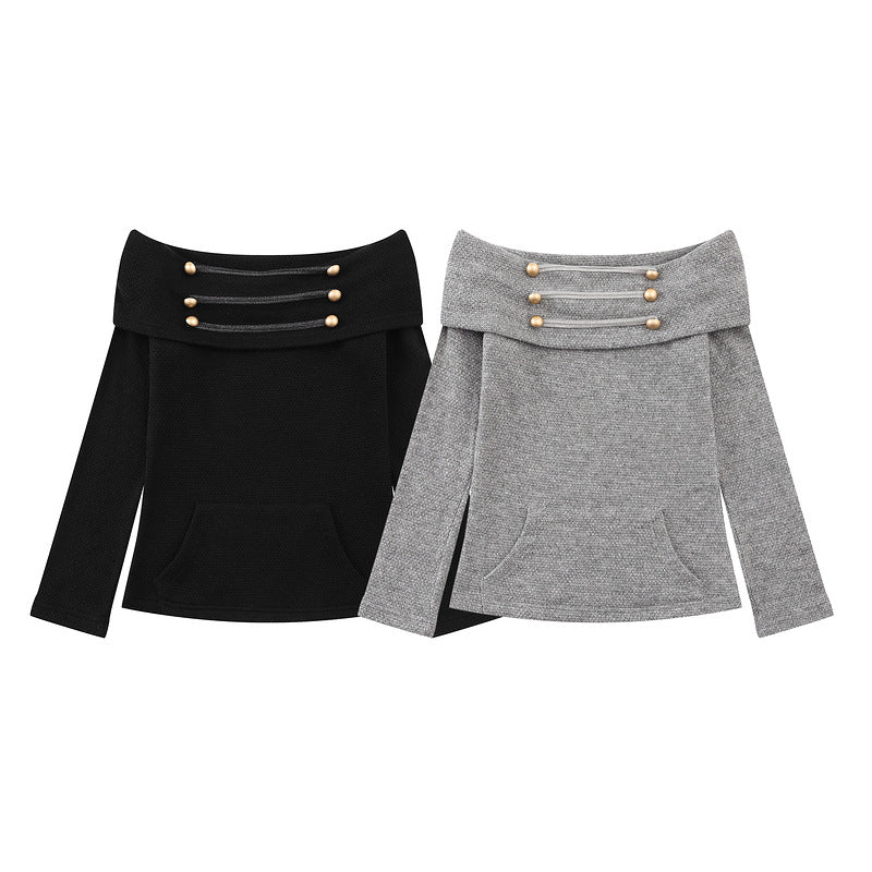 Grey one shoulder long sleeved knitted top