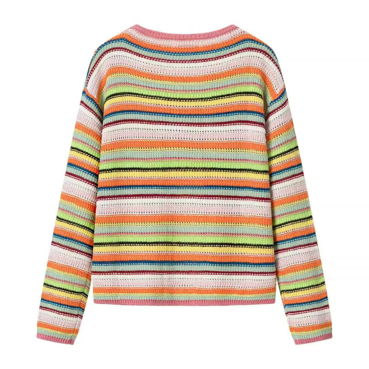 Rainbow striped lace up hollow knit cardigan