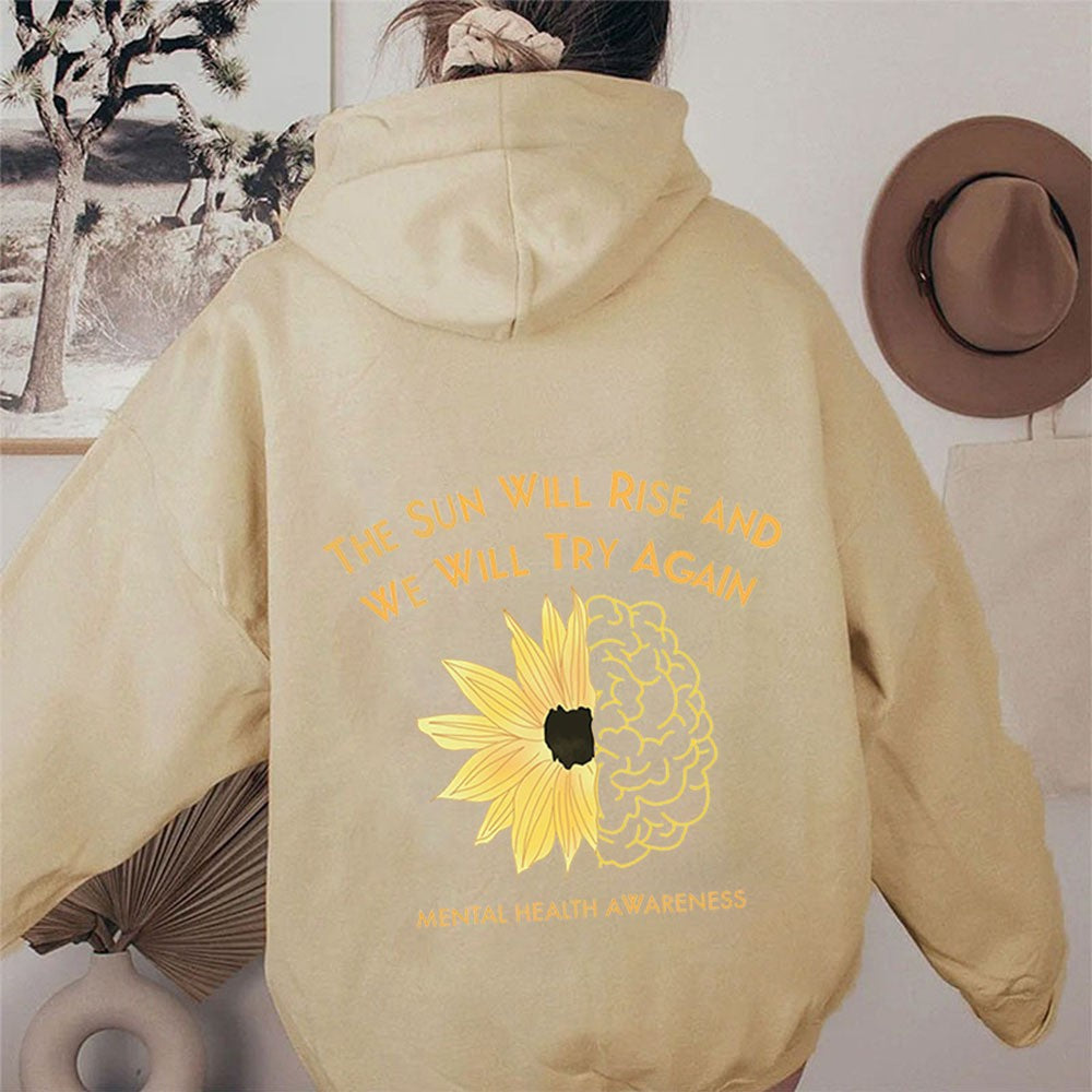 Hoodie with Sunflower Print, Oversized Sleeve, Casual Hooded Sweatshirt