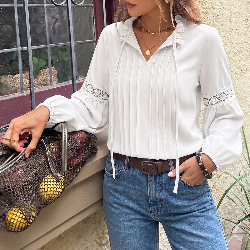 Women's Western Style Elegant Solid Color Lace V-Neck Ruffle Shirt