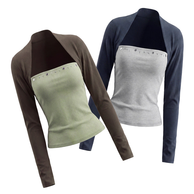 Retro contrasting two-piece long sleeved T-shirt top