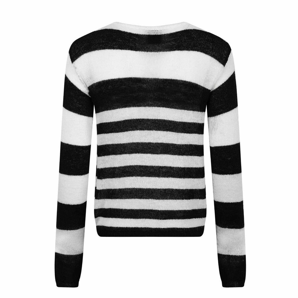 Black and White Stripe Portrait Design Round Neck Pullover Sweater Men