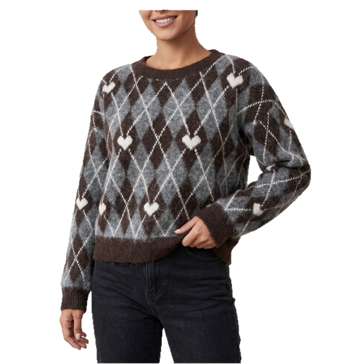 Fall Winter New Heart Diamond Knit Sweater Women Round Neck Loose Knit Pullover Faux Cashmere Lazy Style Versatile