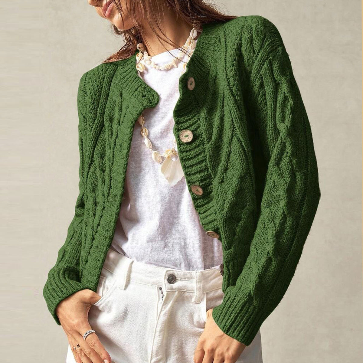 Retro Cable Knit Cardigan Women's Autumn Winter Round Neck Sweater Coat Slim Fit Green Twisted Knit Sweater