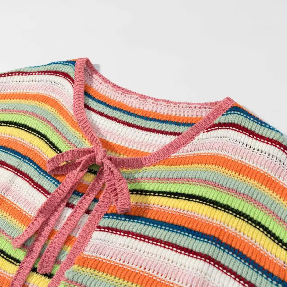 Rainbow striped lace up hollow knit cardigan