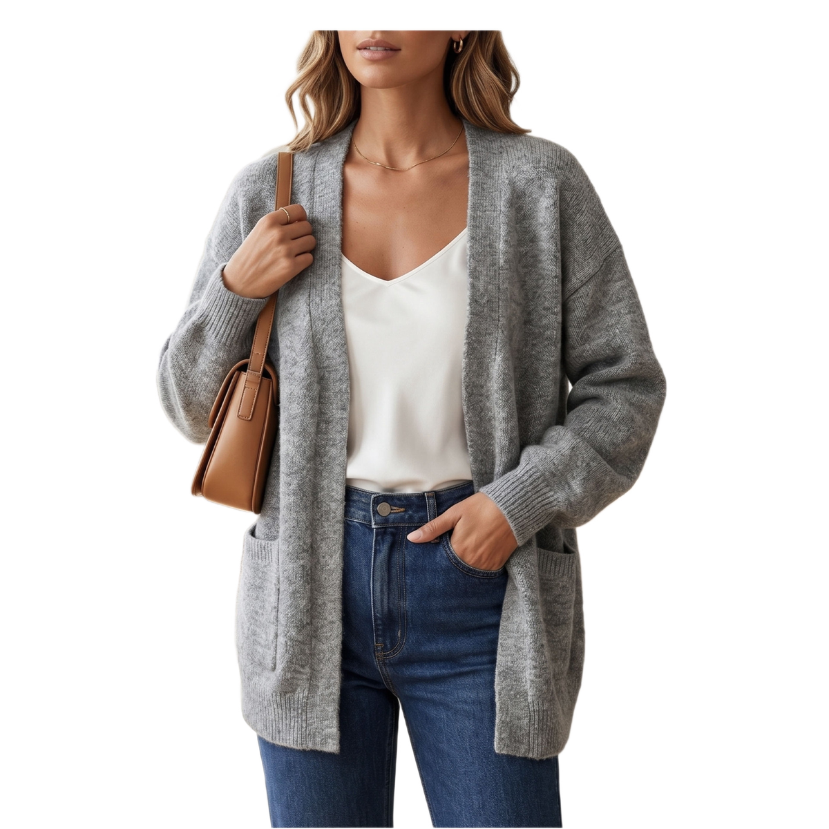 Autumn/Winter New Gray Knit Cardigan for Women, Loose Bohemian Style Long Sleeve Sweater Coat, Solid Color Versatile Top