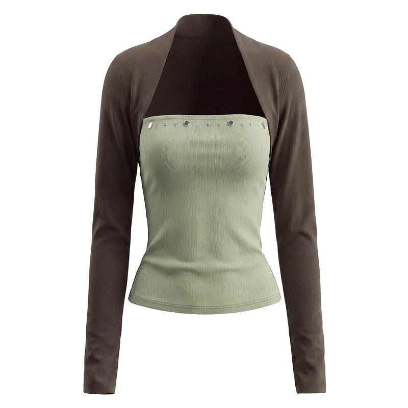 Retro contrasting two-piece long sleeved T-shirt top